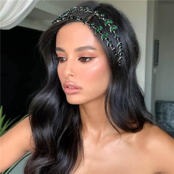Flatser Green Crystal Bridal Headpiece Double Layer Silver Rhinestone